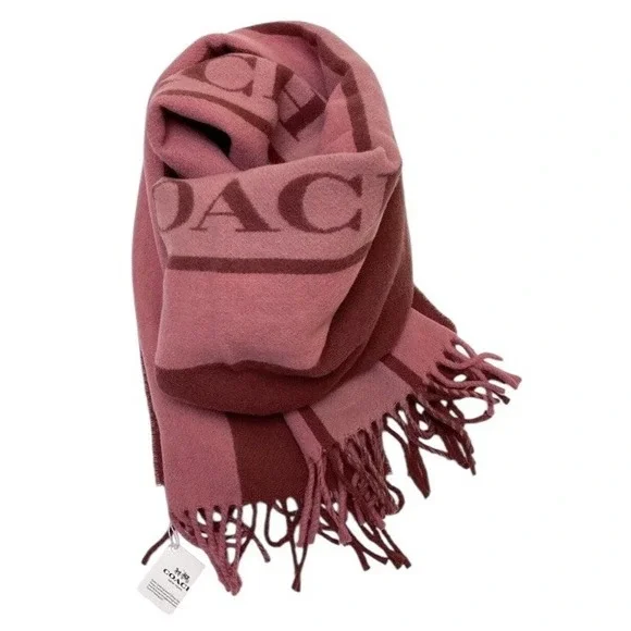 NWT Coach Wool Varsity Stripe Oversized Muffler Scarf F76388 Wine Pink Fringe - Picture 6 of 10